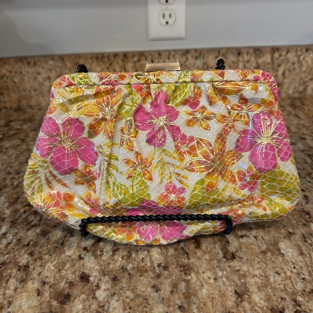 HOBO Angela Pink Peony Python Leather Purse Hawaiian Floral Bag Clutch Cruise